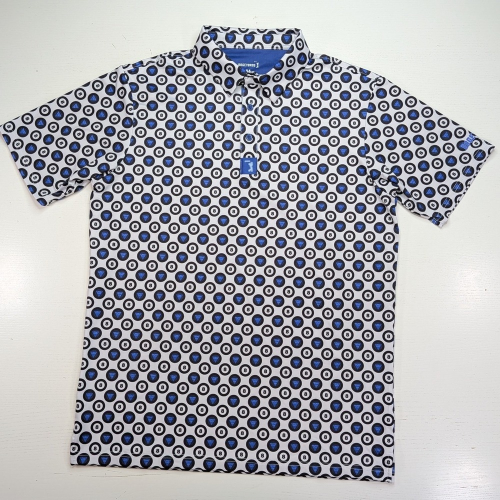 Bogey Bros Magic 8 Ball Golf Polo Mens M White Blue Funny Print Stretch